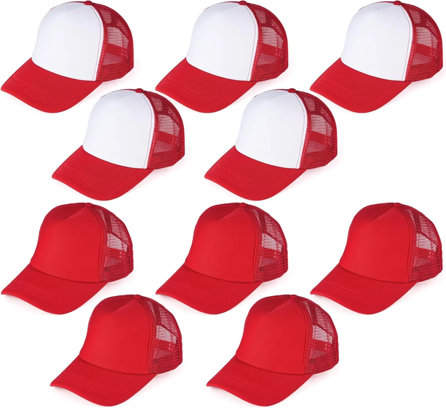 10 PCS Sublimation Blank Trucker Hats Red, Plain Trucker Cap Foam Front High Crown Mesh Back Trucker Hat, DIY Custom Baseball Caps Bulk Adjustable Snapback for Men Women