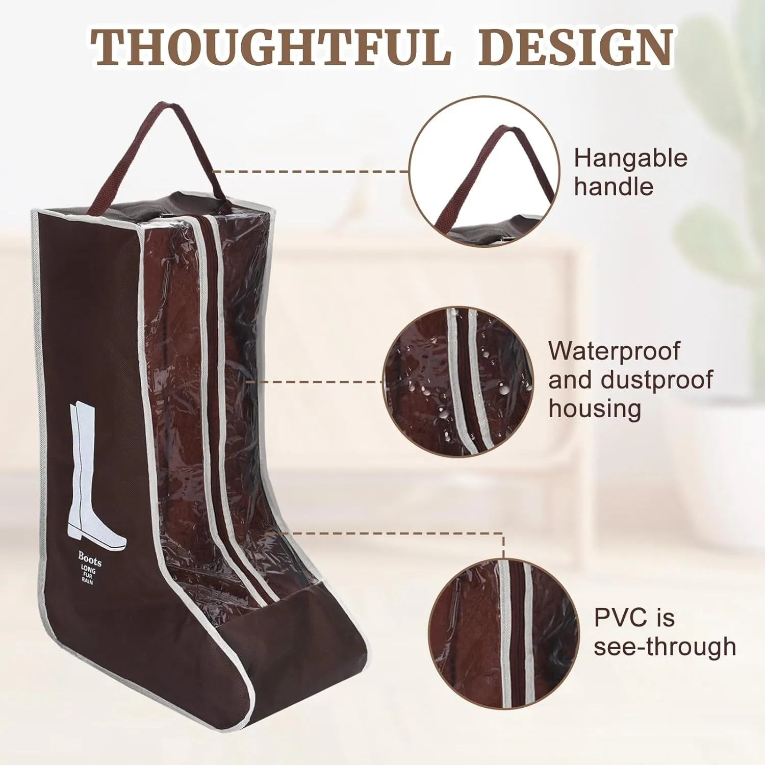 2 Pcs Tall Boot Bags for Cowboy Boots, Visualization Boot Storage Bag, Waterproof, Dustproof, Portable, Suitable for Travel and Daily Use, Foldable, Leather Shoes, Sports Shoes Storage (Brown)