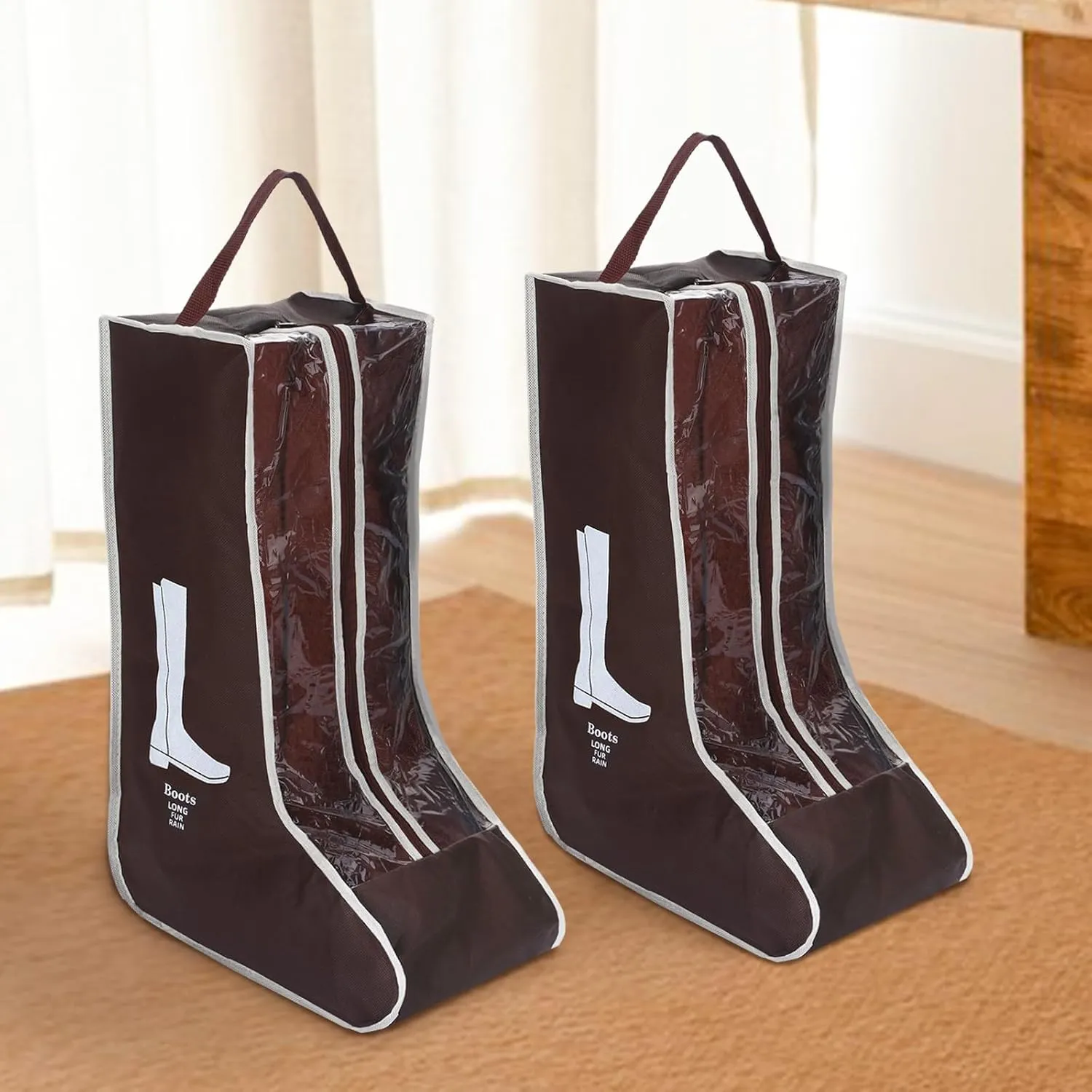 2 Pcs Tall Boot Bags for Cowboy Boots, Visualization Boot Storage Bag, Waterproof, Dustproof, Portable, Suitable for Travel and Daily Use, Foldable, Leather Shoes, Sports Shoes Storage (Brown)