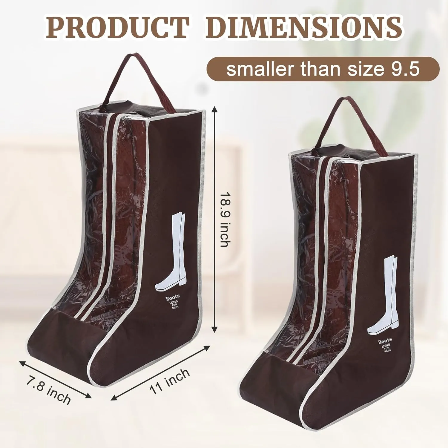 2 Pcs Tall Boot Bags for Cowboy Boots, Visualization Boot Storage Bag, Waterproof, Dustproof, Portable, Suitable for Travel and Daily Use, Foldable, Leather Shoes, Sports Shoes Storage (Brown)