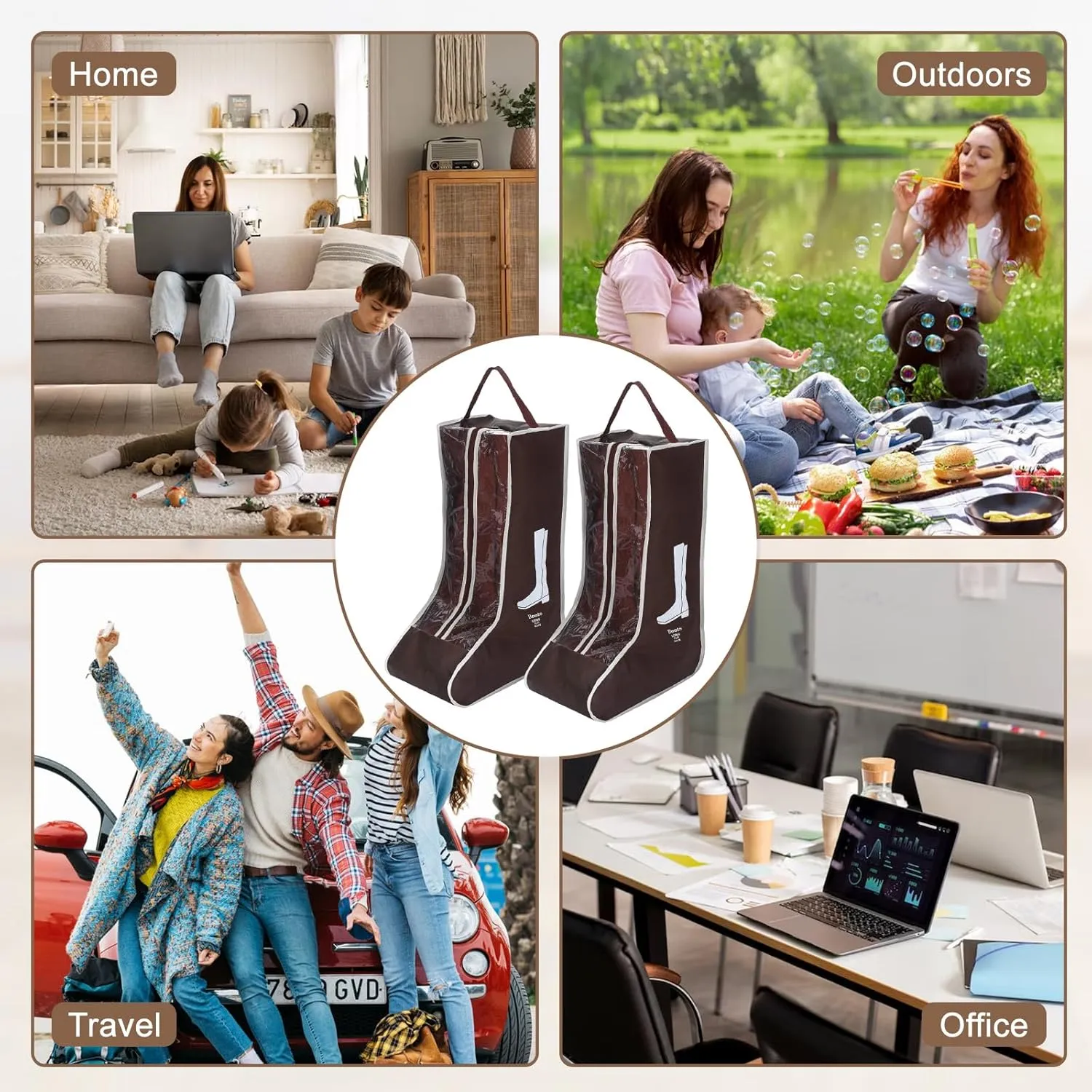 2 Pcs Tall Boot Bags for Cowboy Boots, Visualization Boot Storage Bag, Waterproof, Dustproof, Portable, Suitable for Travel and Daily Use, Foldable, Leather Shoes, Sports Shoes Storage (Brown)