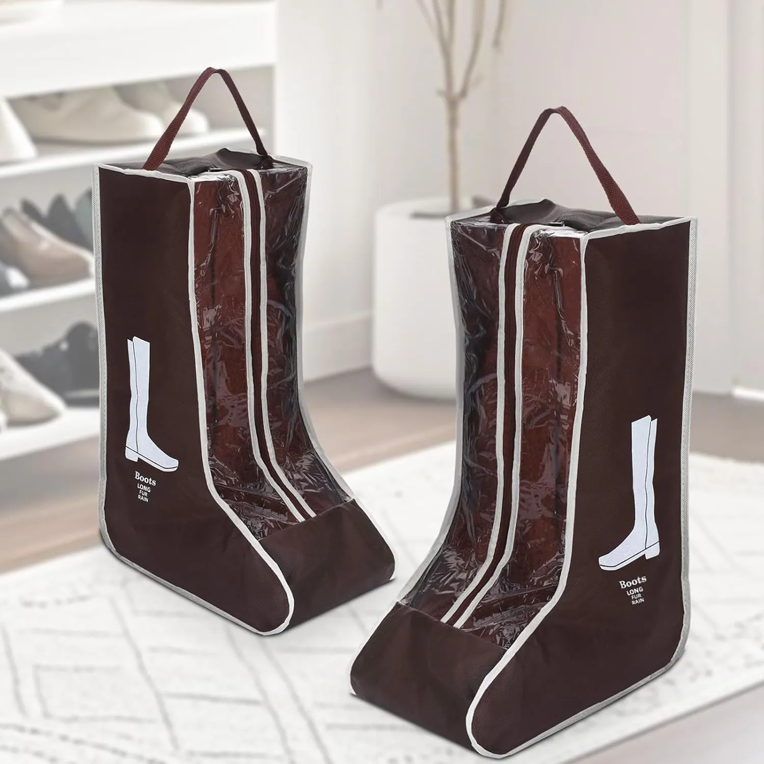 2 Pcs Tall Boot Bags for Cowboy Boots, Visualization Boot Storage Bag, Waterproof, Dustproof, Portable, Suitable for Travel and Daily Use, Foldable, Leather Shoes, Sports Shoes Storage (Brown)
