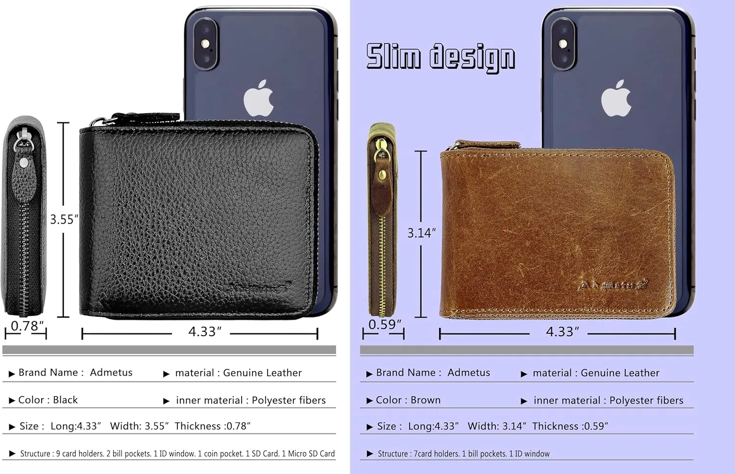 Admetus Men's Zipper Wallet Leather Bifold Wallets Slim RFID Blocking Zip Around Credit Card Holder Compact Small Wallet
