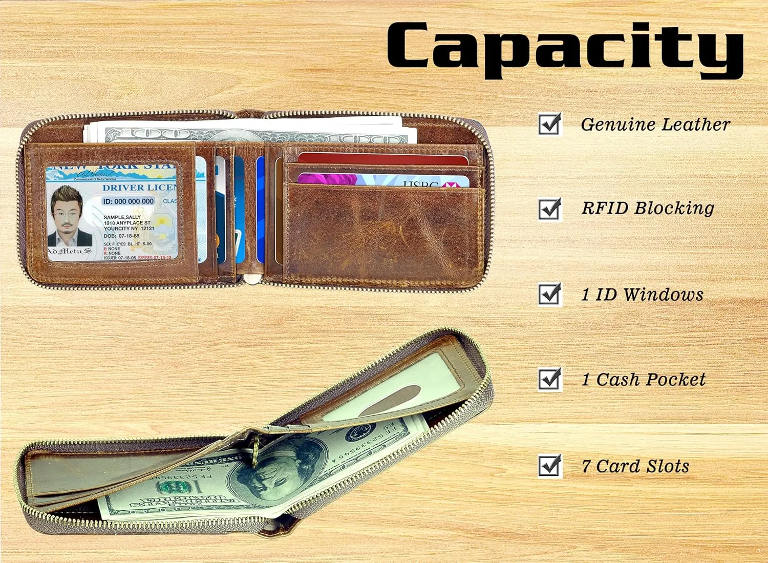 Admetus Men's Zipper Wallet Leather Bifold Wallets Slim RFID Blocking Zip Around Credit Card Holder Compact Small Wallet