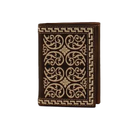 Ariat M&F Nocona Cream Embroidered Brown Trifold Wallet