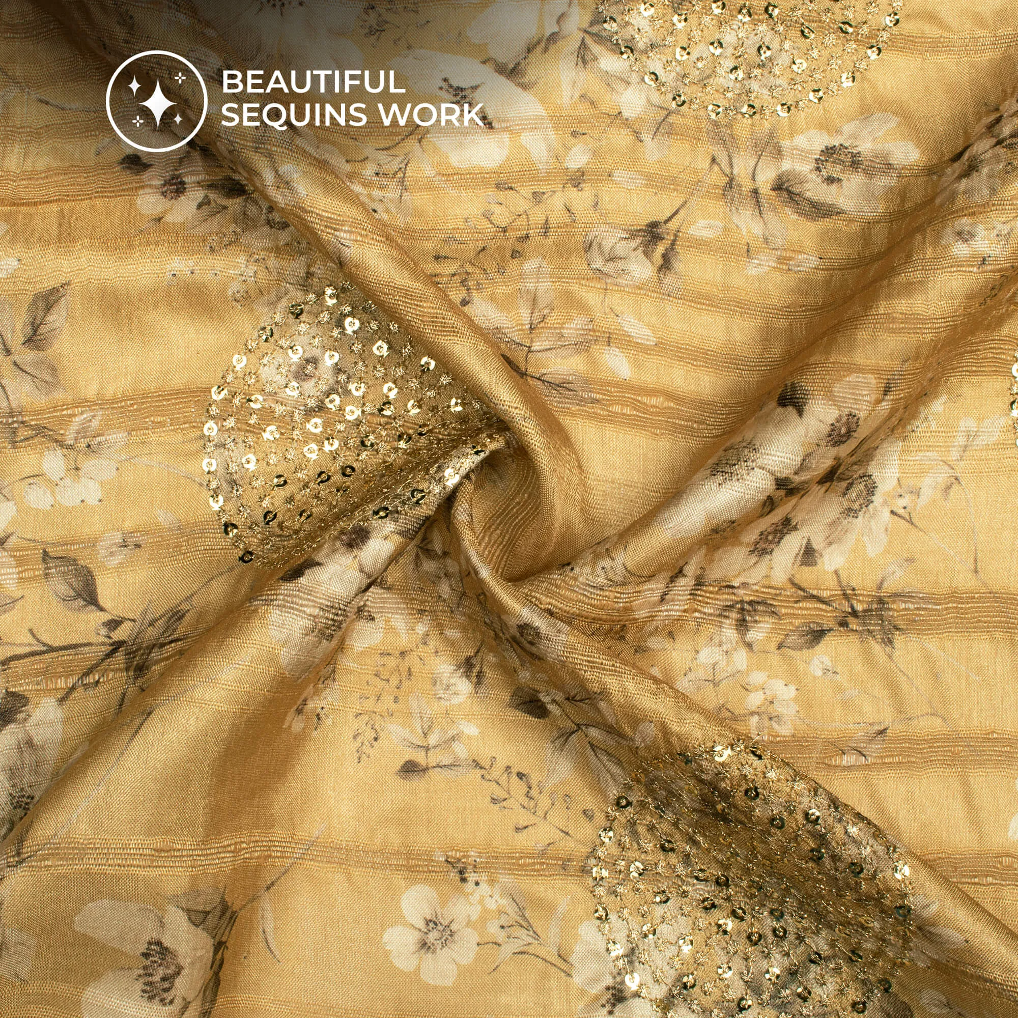 Attractive Off-White Floral Digital Print Butta Sequins Embroidery On Heritage Art Silk Fabric