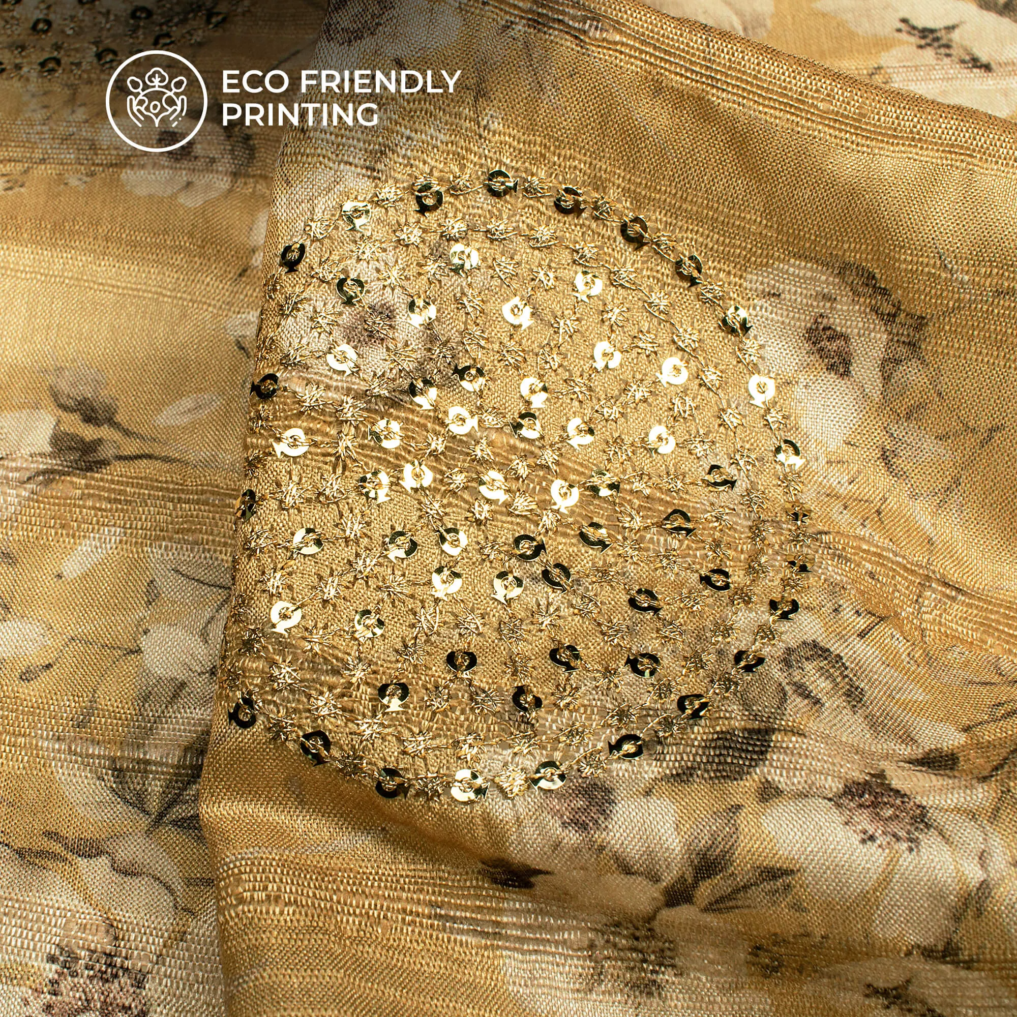 Attractive Off-White Floral Digital Print Butta Sequins Embroidery On Heritage Art Silk Fabric