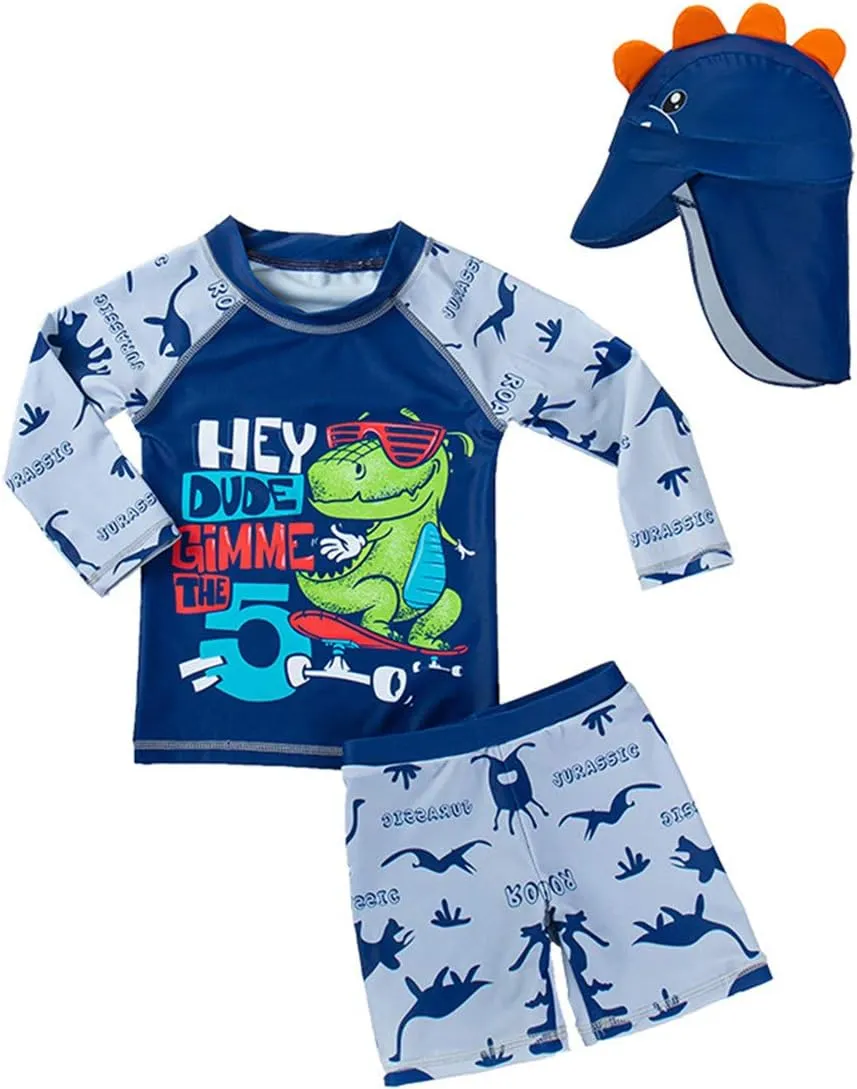 Baby Toddler Boys 3-Pieces Swimsuit Sets Blue Shark Bathing Suit Rash Guards Sunsuit Swimwear with Hat UPF 50  FBA
