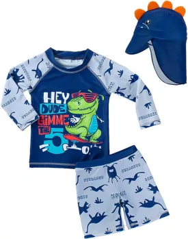 Baby Toddler Boys 3-Pieces Swimsuit Sets Blue Shark Bathing Suit Rash Guards Sunsuit Swimwear with Hat UPF 50  FBA