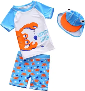 Baby Toddler Boys 3-Pieces Swimsuit Sets Blue Shark Bathing Suit Rash Guards Sunsuit Swimwear with Hat UPF 50  FBA