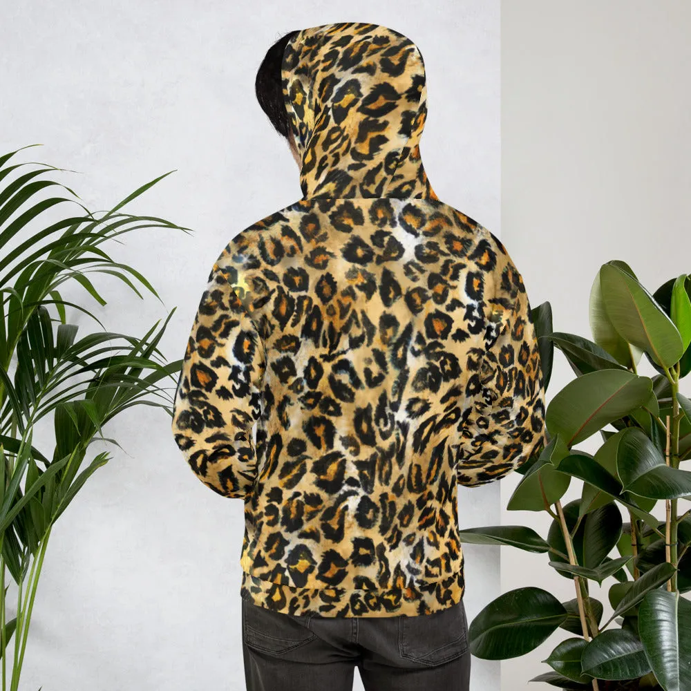 Beige Leopard Men's Hoodie, Unisex Brown Wild Animal Print Premium Sweatshirt-Made in USA/ MX/ EU