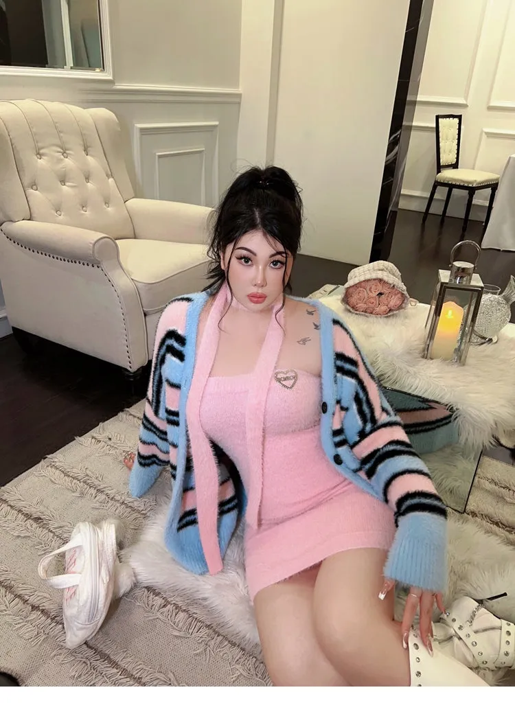 BONBON Solid Color Pink Sleeveless Fluff Ribbon Slim Mini Dress Stripe Sweater Cardigan Matching Set