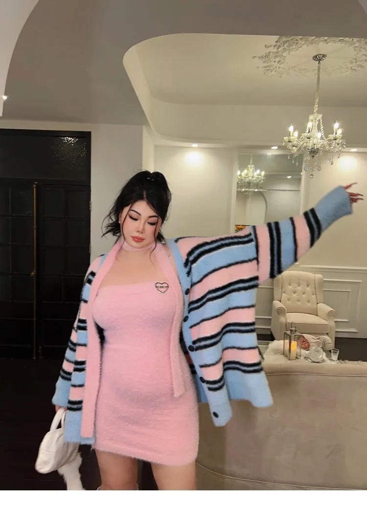 BONBON Solid Color Pink Sleeveless Fluff Ribbon Slim Mini Dress Stripe Sweater Cardigan Matching Set