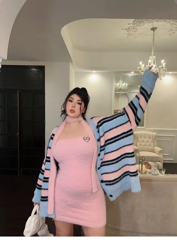 BONBON Solid Color Pink Sleeveless Fluff Ribbon Slim Mini Dress Stripe Sweater Cardigan Matching Set