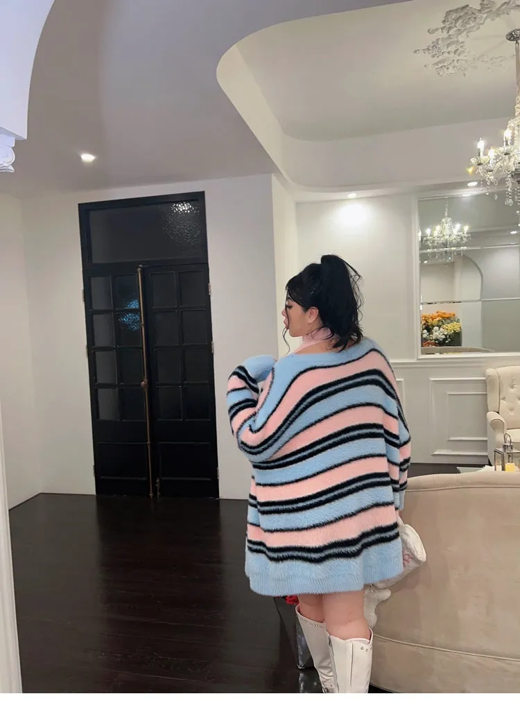 BONBON Solid Color Pink Sleeveless Fluff Ribbon Slim Mini Dress Stripe Sweater Cardigan Matching Set