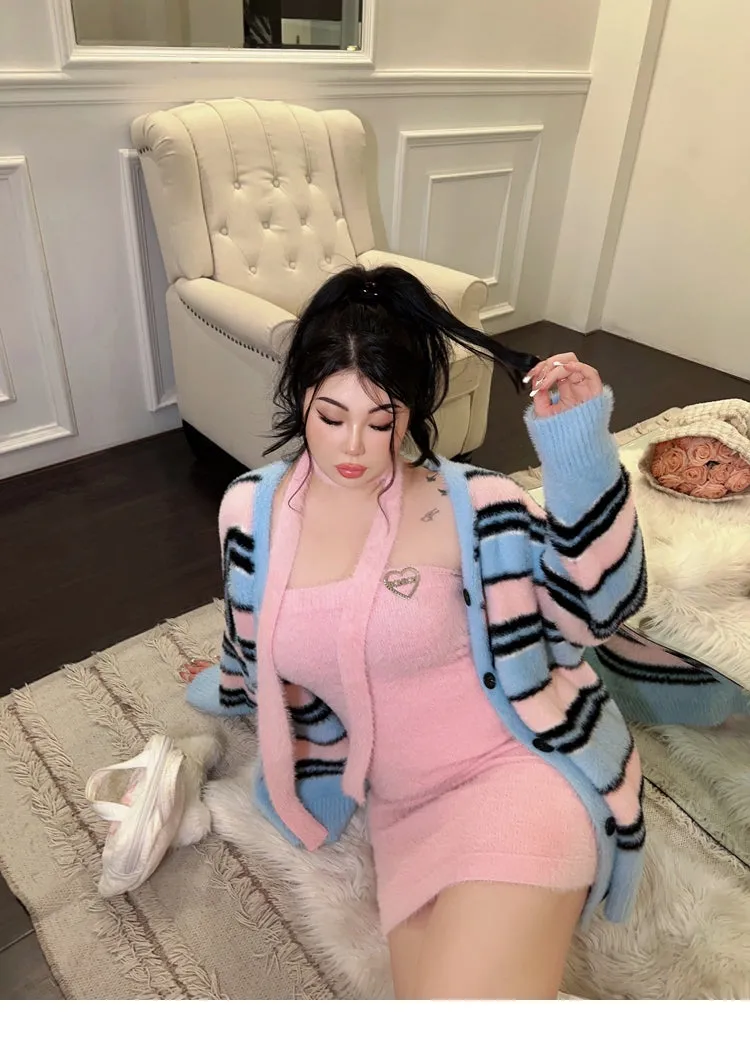 BONBON Solid Color Pink Sleeveless Fluff Ribbon Slim Mini Dress Stripe Sweater Cardigan Matching Set