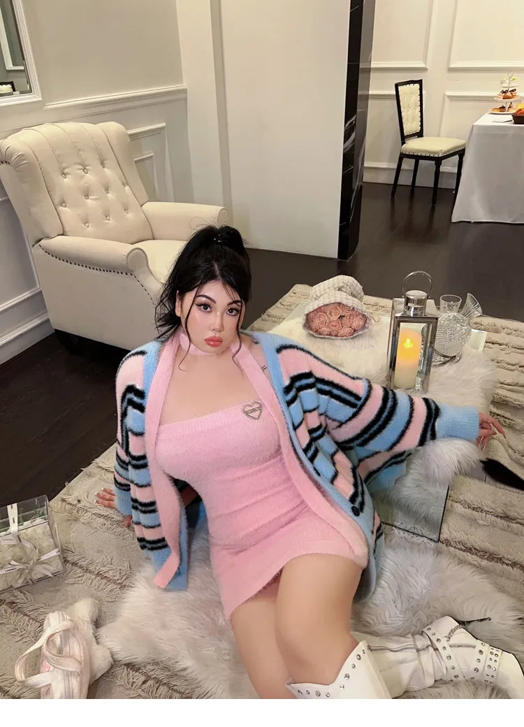 BONBON Solid Color Pink Sleeveless Fluff Ribbon Slim Mini Dress Stripe Sweater Cardigan Matching Set