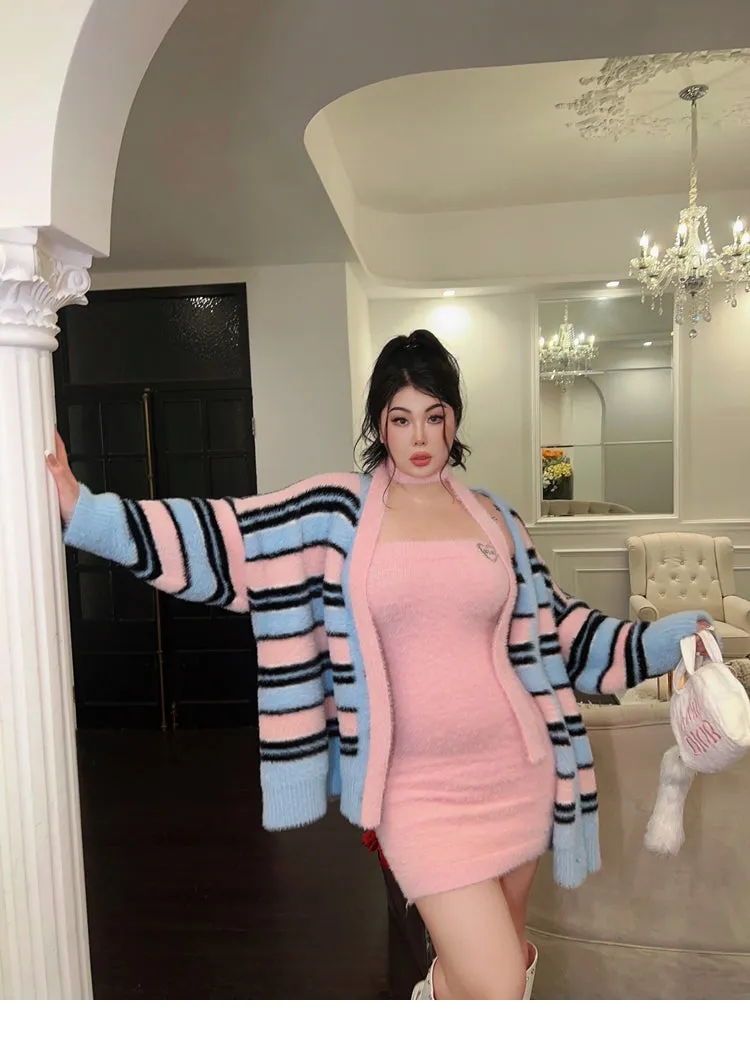 BONBON Solid Color Pink Sleeveless Fluff Ribbon Slim Mini Dress Stripe Sweater Cardigan Matching Set