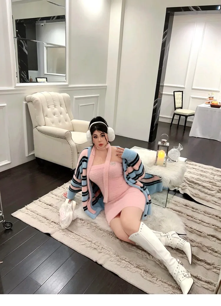 BONBON Solid Color Pink Sleeveless Fluff Ribbon Slim Mini Dress Stripe Sweater Cardigan Matching Set