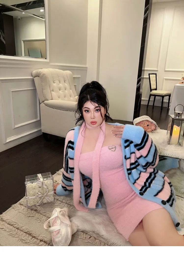 BONBON Solid Color Pink Sleeveless Fluff Ribbon Slim Mini Dress Stripe Sweater Cardigan Matching Set