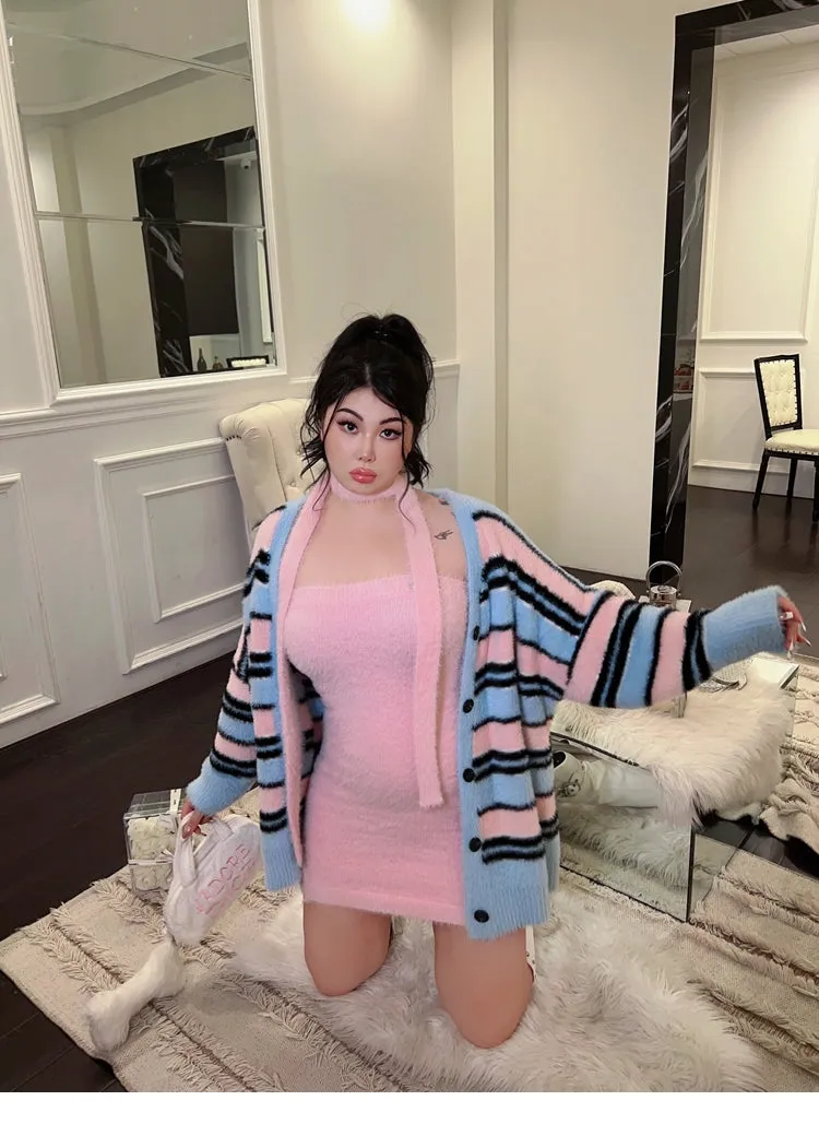 BONBON Solid Color Pink Sleeveless Fluff Ribbon Slim Mini Dress Stripe Sweater Cardigan Matching Set