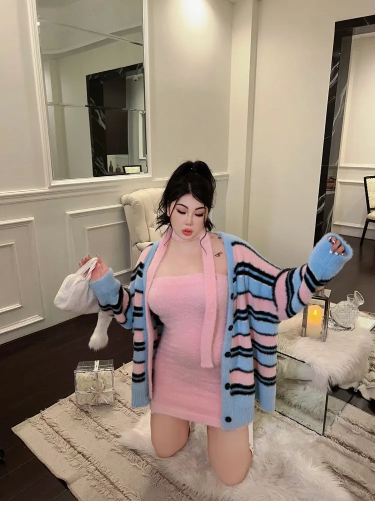 BONBON Solid Color Pink Sleeveless Fluff Ribbon Slim Mini Dress Stripe Sweater Cardigan Matching Set