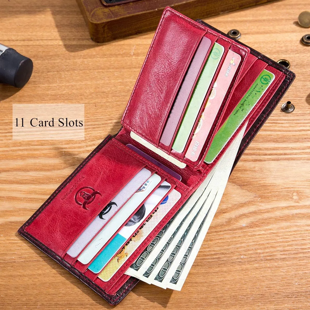 BULLCAPTAIN RFID Wallets for Men Slim Bifold Genuine Leather Front Pocket Wallet with 2 ID Windows QB-05Crimson 