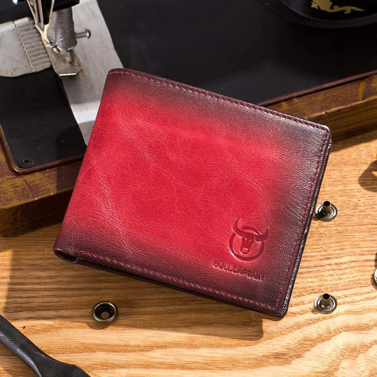 BULLCAPTAIN RFID Wallets for Men Slim Bifold Genuine Leather Front Pocket Wallet with 2 ID Windows QB-05Crimson 