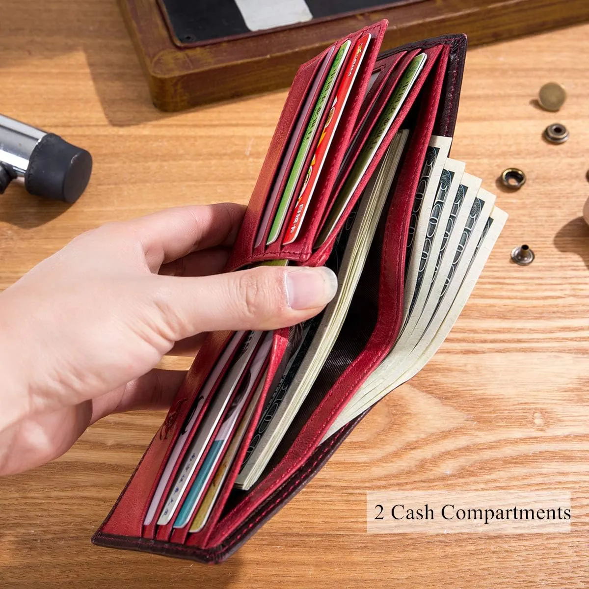 BULLCAPTAIN RFID Wallets for Men Slim Bifold Genuine Leather Front Pocket Wallet with 2 ID Windows QB-05Crimson 