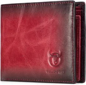 BULLCAPTAIN RFID Wallets for Men Slim Bifold Genuine Leather Front Pocket Wallet with 2 ID Windows QB-05Crimson 