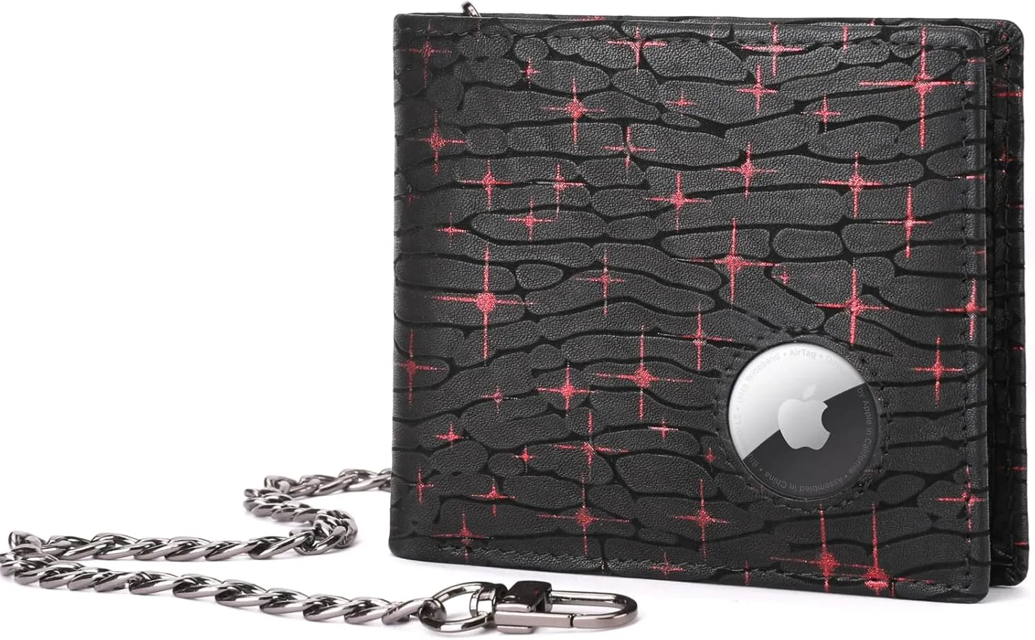 BULLCAPTAIN Slim Genuine Leather Mens Wallets with 2 ID Windows 10 Credit Card Slots Bifold RFID Blocking Wallets for Men With AirTag Holder and Chain T01 (Black with Red Stars)