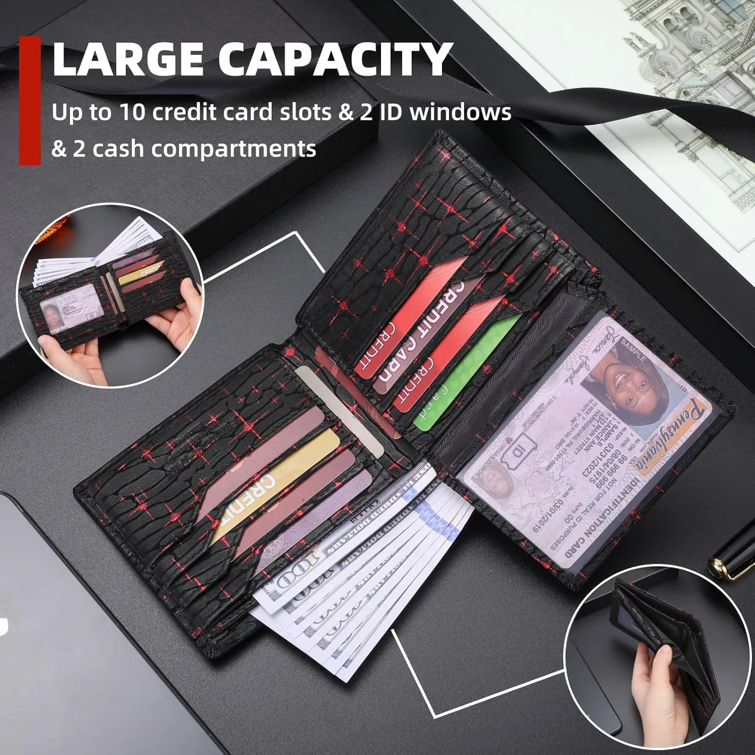 BULLCAPTAIN Slim Genuine Leather Mens Wallets with 2 ID Windows 10 Credit Card Slots Bifold RFID Blocking Wallets for Men With AirTag Holder and Chain T01 (Black with Red Stars)