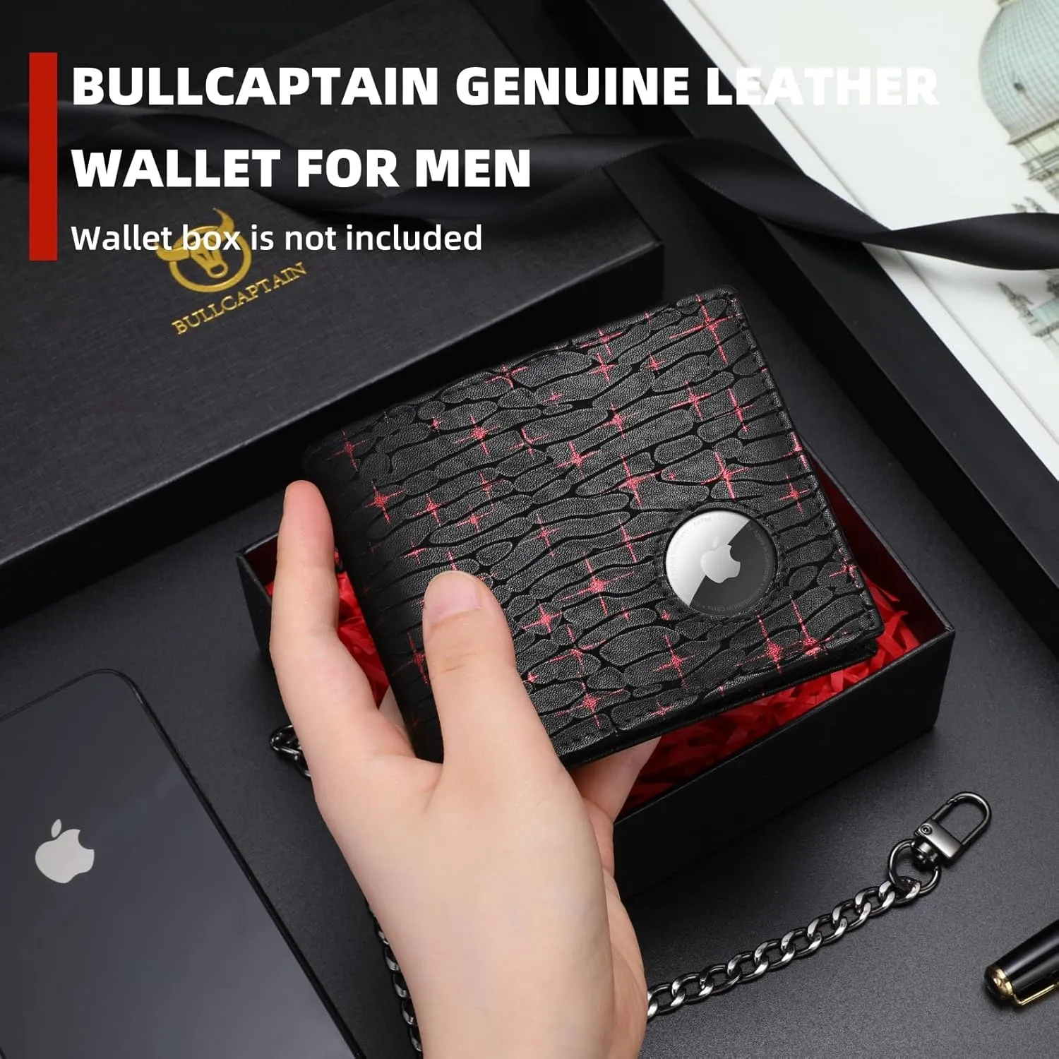 BULLCAPTAIN Slim Genuine Leather Mens Wallets with 2 ID Windows 10 Credit Card Slots Bifold RFID Blocking Wallets for Men With AirTag Holder and Chain T01 (Black with Red Stars)