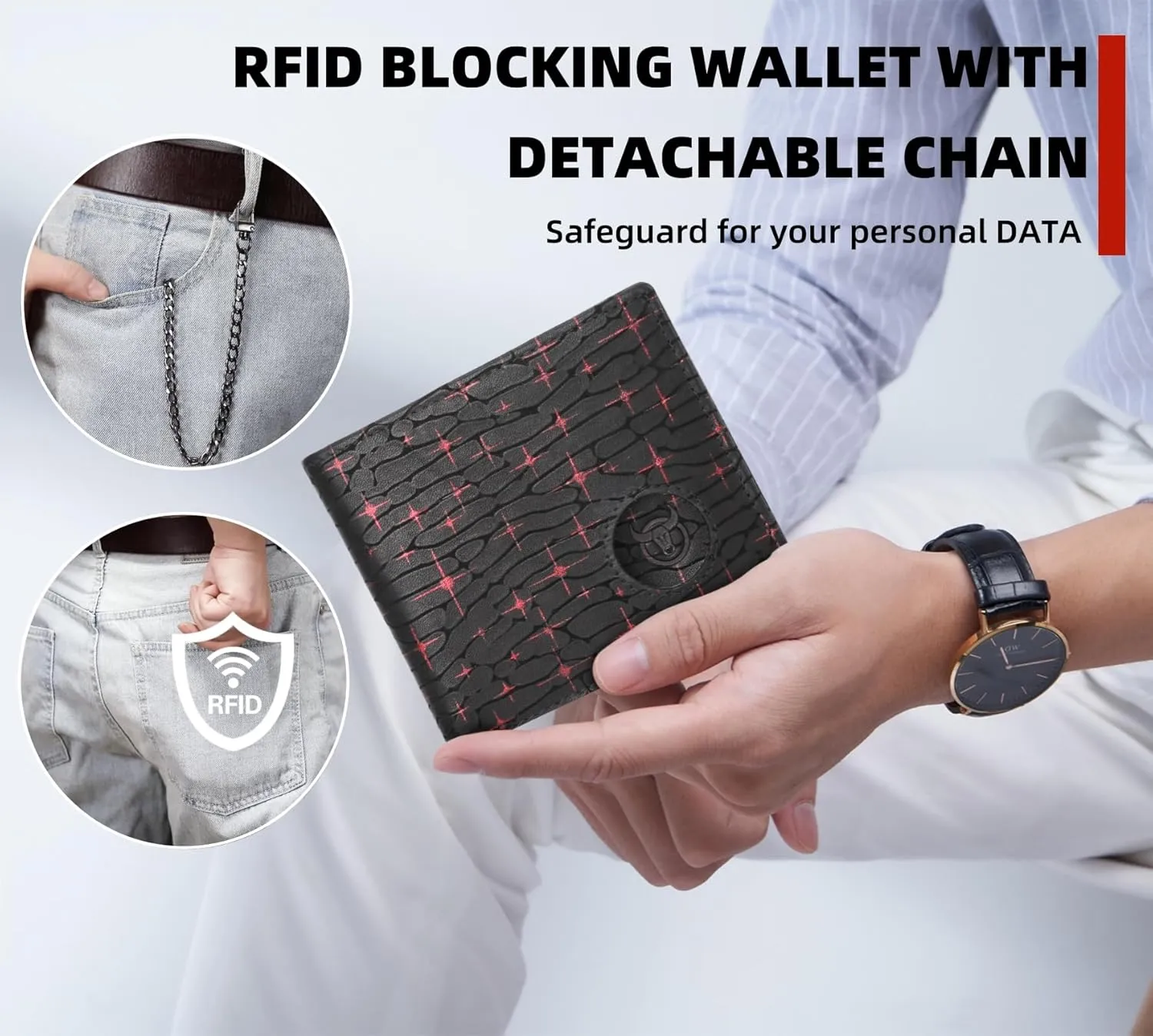 BULLCAPTAIN Slim Genuine Leather Mens Wallets with 2 ID Windows 10 Credit Card Slots Bifold RFID Blocking Wallets for Men With AirTag Holder and Chain T01 (Black with Red Stars)