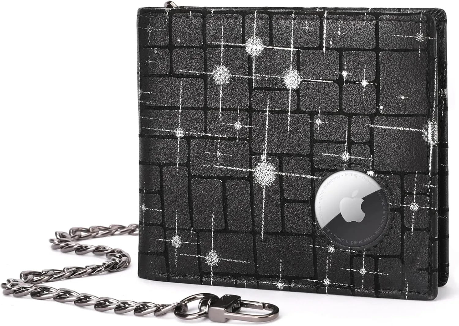 BULLCAPTAIN Slim Genuine Leather Mens Wallets with 2 ID Windows 10 Credit Card Slots Bifold RFID Blocking Wallets for Men With AirTag Holder and Chain T01 (Black with Silver Stars)