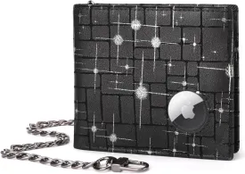 BULLCAPTAIN Slim Genuine Leather Mens Wallets with 2 ID Windows 10 Credit Card Slots Bifold RFID Blocking Wallets for Men With AirTag Holder and Chain T01 (Black with Silver Stars)