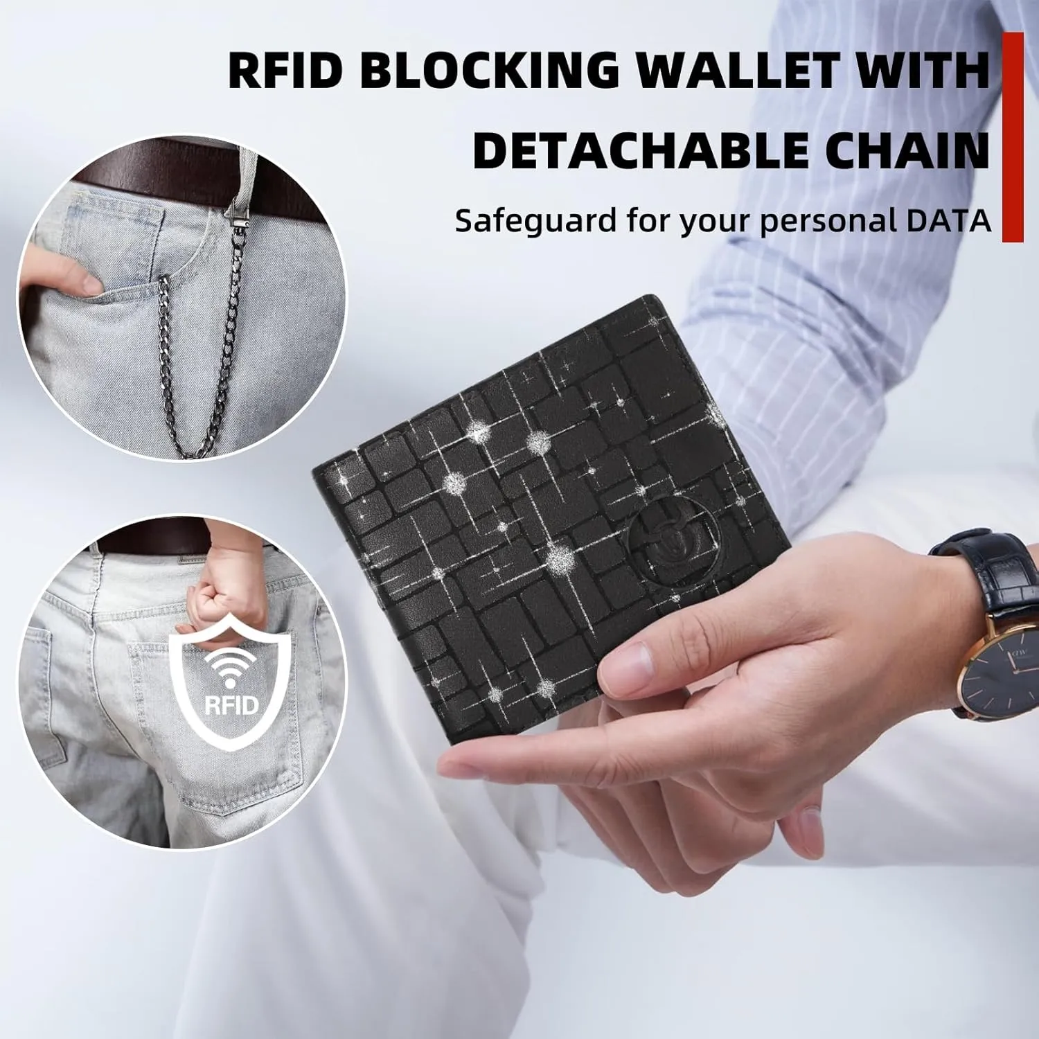 BULLCAPTAIN Slim Genuine Leather Mens Wallets with 2 ID Windows 10 Credit Card Slots Bifold RFID Blocking Wallets for Men With AirTag Holder and Chain T01 (Black with Silver Stars)