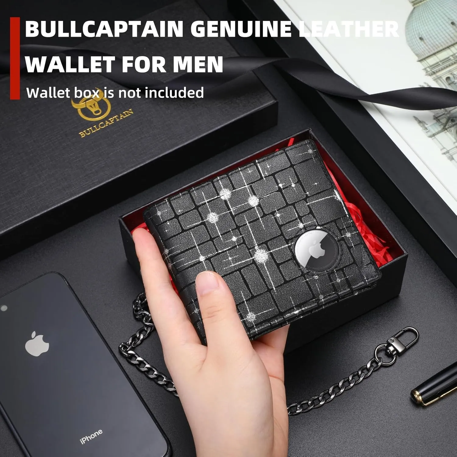BULLCAPTAIN Slim Genuine Leather Mens Wallets with 2 ID Windows 10 Credit Card Slots Bifold RFID Blocking Wallets for Men With AirTag Holder and Chain T01 (Black with Silver Stars)