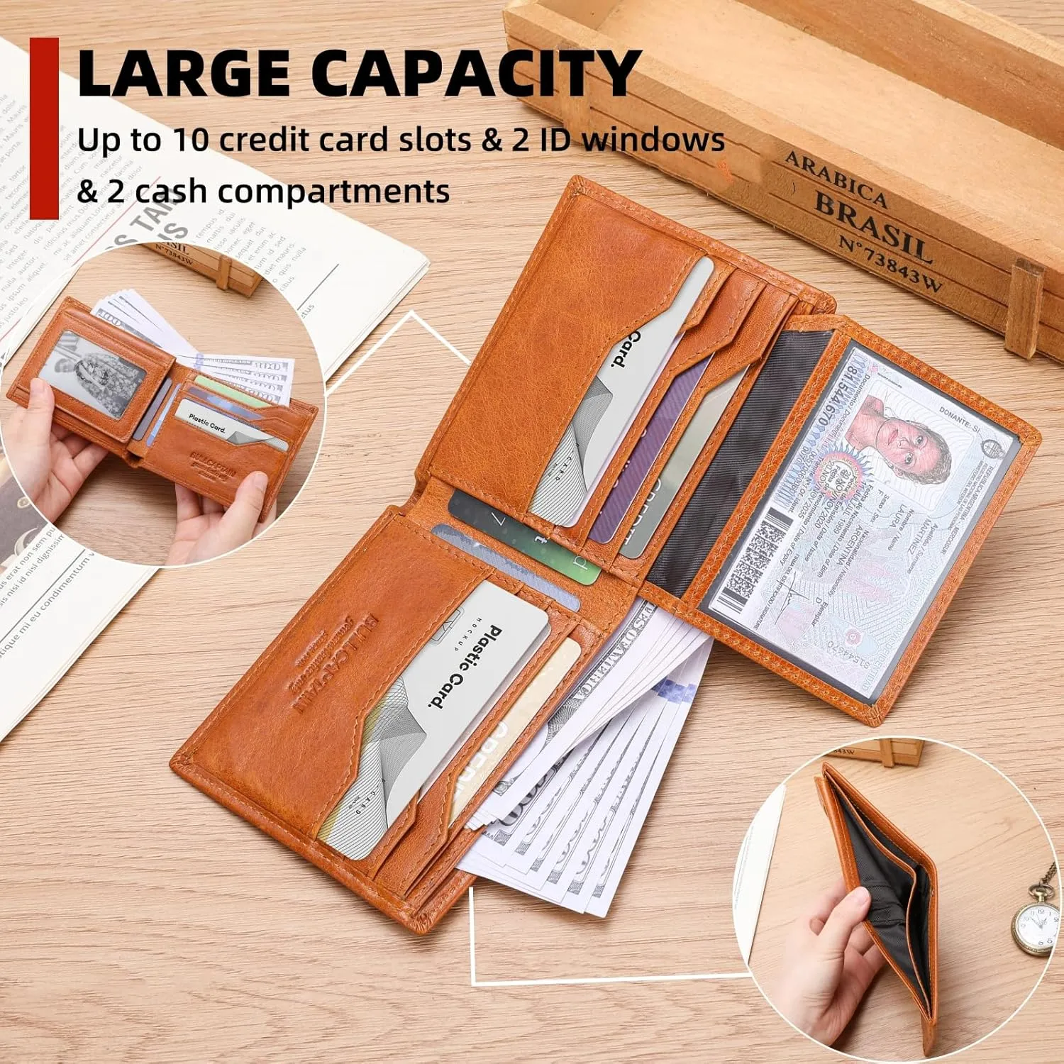 BULLCAPTAIN Slim Genuine Leather Mens Wallets with 2 ID Windows 10 Credit Card Slots Bifold RFID Blocking Wallets for Men With AirTag Holder and Chain T01 (Brown)