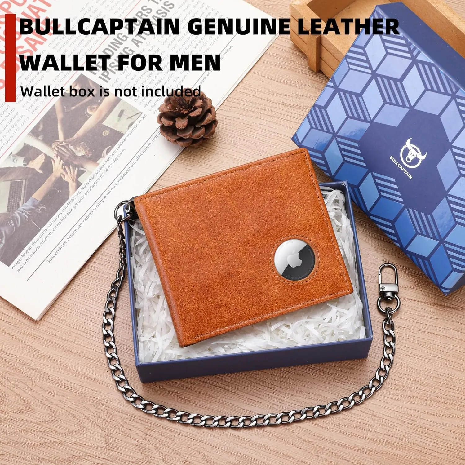 BULLCAPTAIN Slim Genuine Leather Mens Wallets with 2 ID Windows 10 Credit Card Slots Bifold RFID Blocking Wallets for Men With AirTag Holder and Chain T01 (Brown)