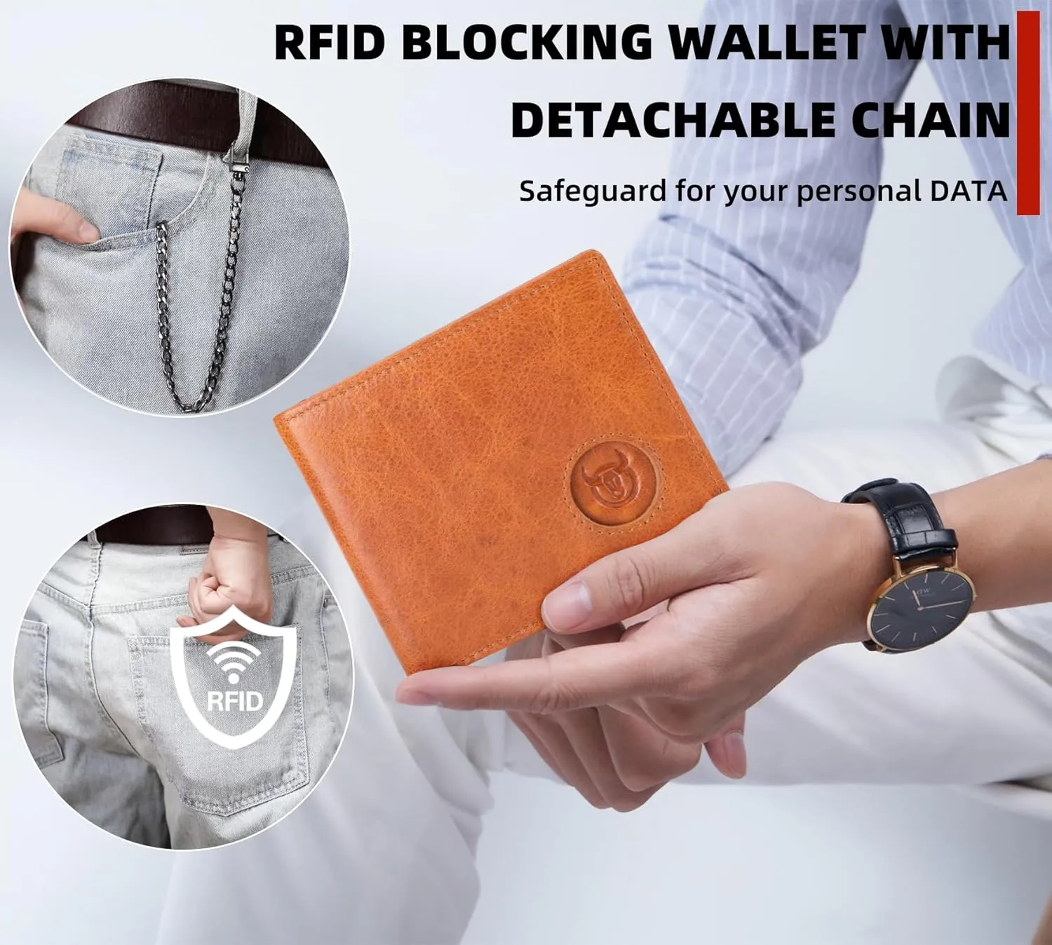 BULLCAPTAIN Slim Genuine Leather Mens Wallets with 2 ID Windows 10 Credit Card Slots Bifold RFID Blocking Wallets for Men With AirTag Holder and Chain T01 (Brown)