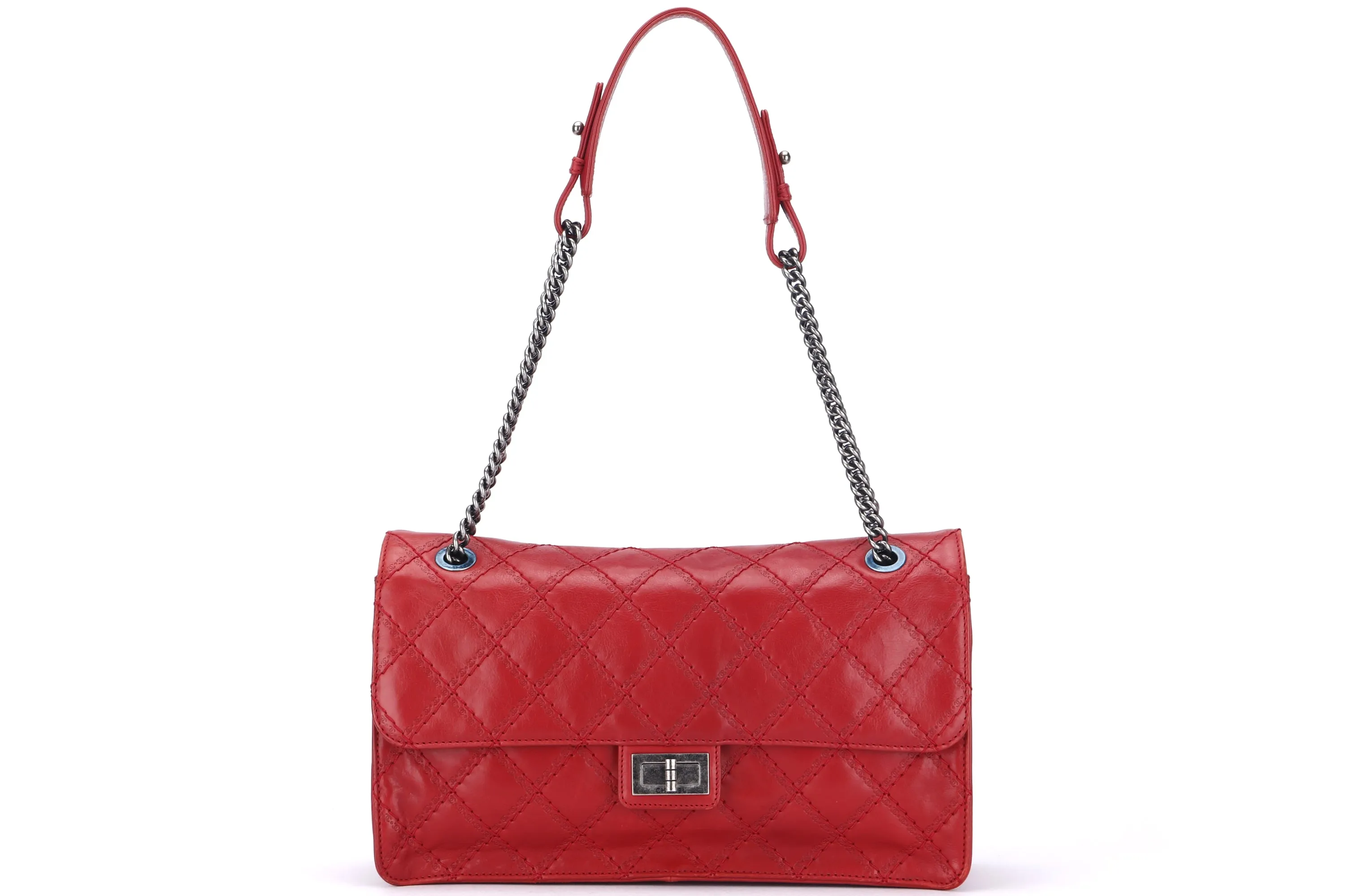 CHANEL REISSUE 226 (1592xxxx) RED CALF LEATHER WITH RUTHENIUM CHAIN, WITH CARD, WITH DUST COVER
