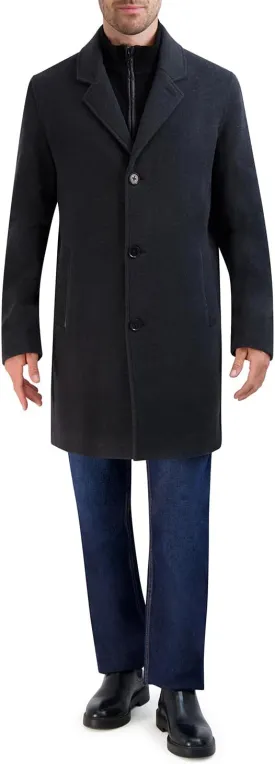 Cole Haan Men's Car Coat with Rib Knit Bib and Faux Leather Detail