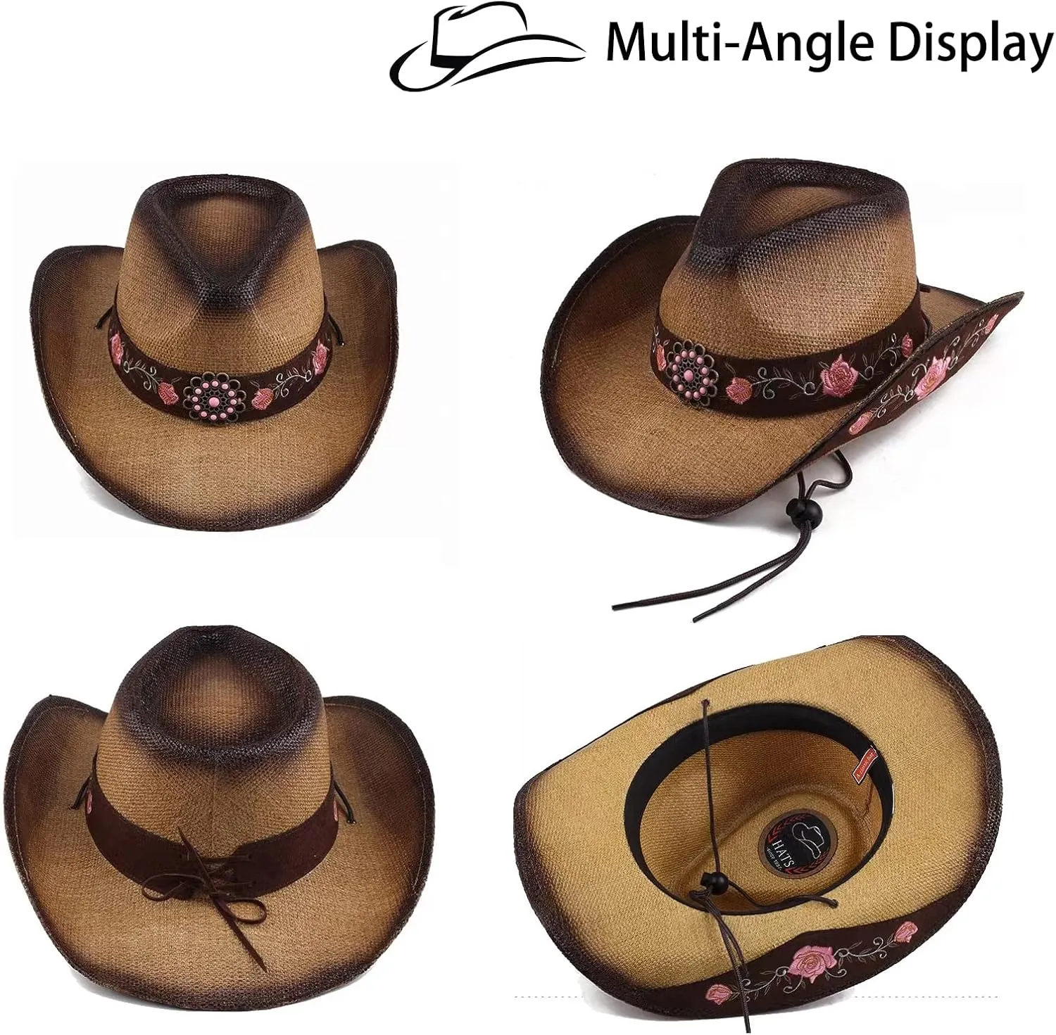 Cowboy Hats for Women, Brown Cowgirl Hats Classic Straw Western Hats for Women Music Festival Party Beach.