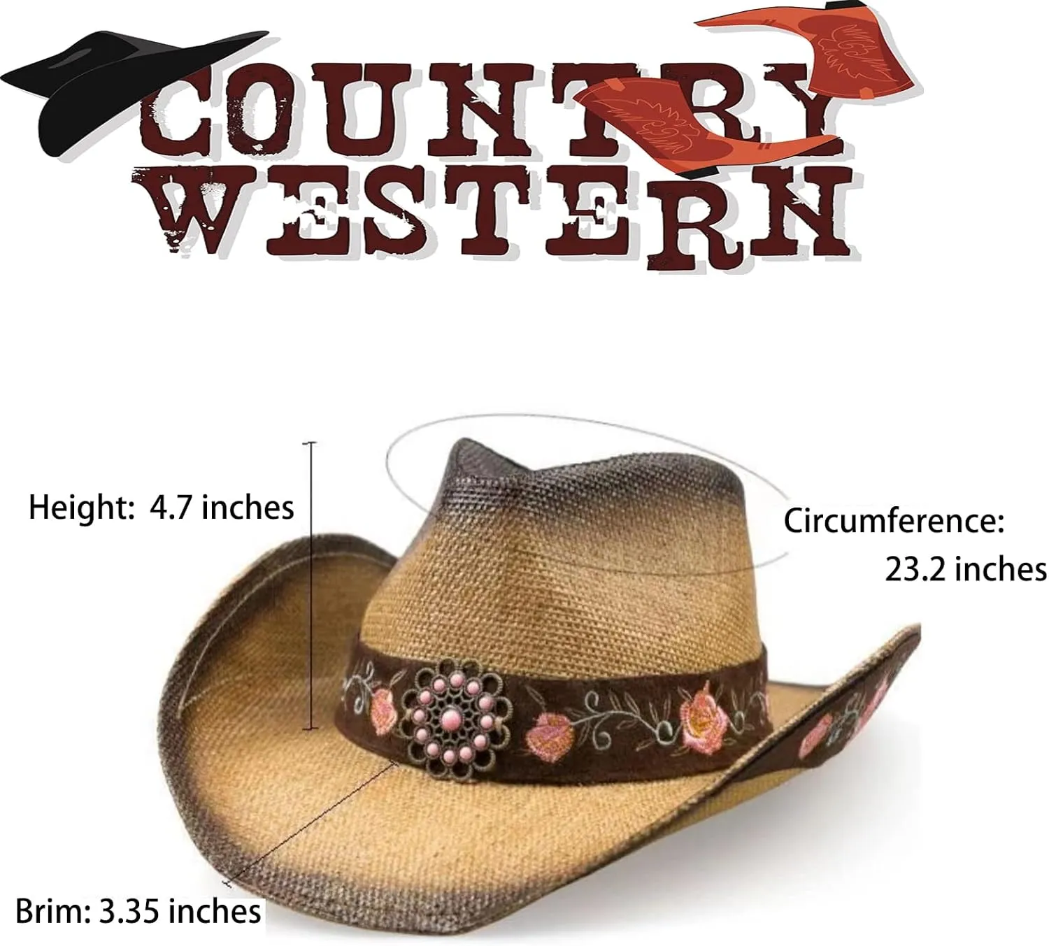 Cowboy Hats for Women, Brown Cowgirl Hats Classic Straw Western Hats for Women Music Festival Party Beach.