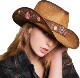 Cowboy Hats for Women, Brown Cowgirl Hats Classic Straw Western Hats for Women Music Festival Party Beach.