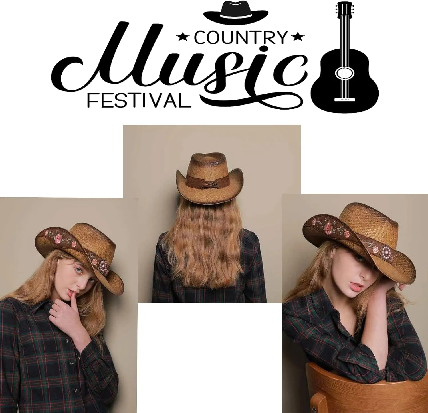 Cowboy Hats for Women, Brown Cowgirl Hats Classic Straw Western Hats for Women Music Festival Party Beach.