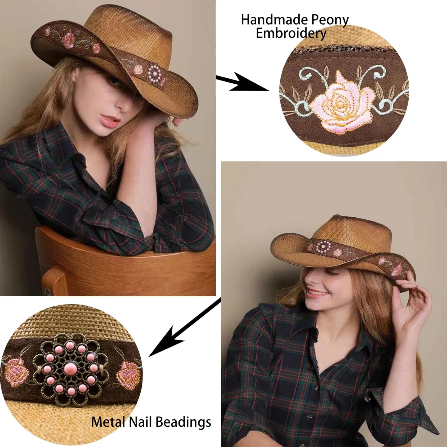 Cowboy Hats for Women, Brown Cowgirl Hats Classic Straw Western Hats for Women Music Festival Party Beach.