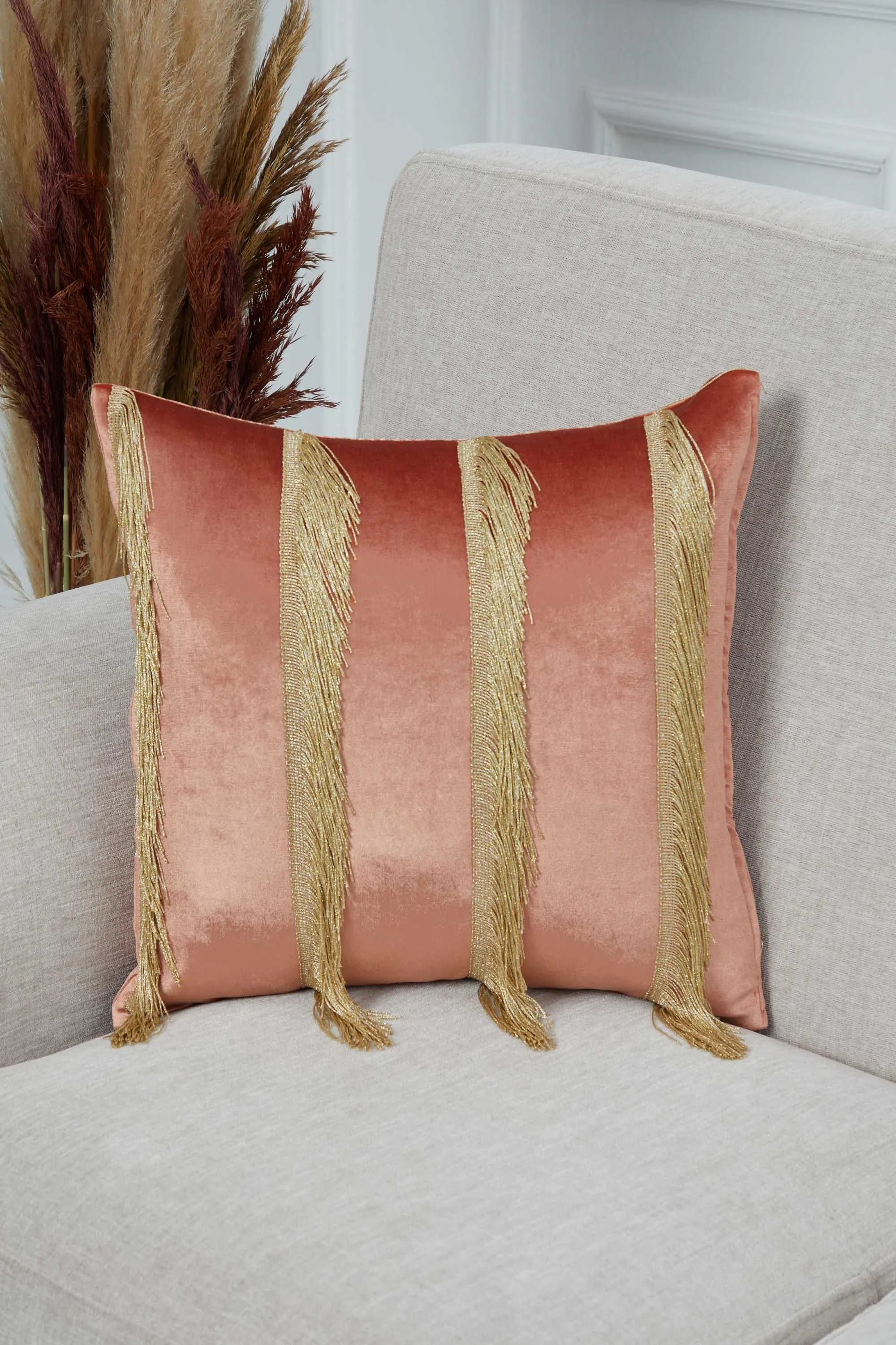 Elegant 18x18 Velvet Pillow Cover with Hanging Fringes, Decorative Cushion Cover for Modern Home Decorations, Housewarming Pillow Gift,K-352