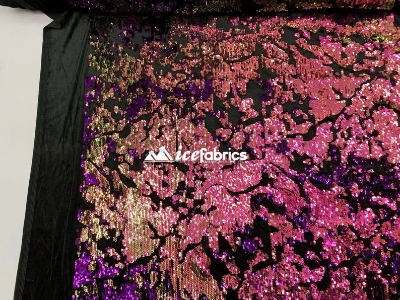 Fuchsia on Black VelvetWhite Iridescent 2 Way Stretch Embroider Sequins Fabric On Velvet By The Yard